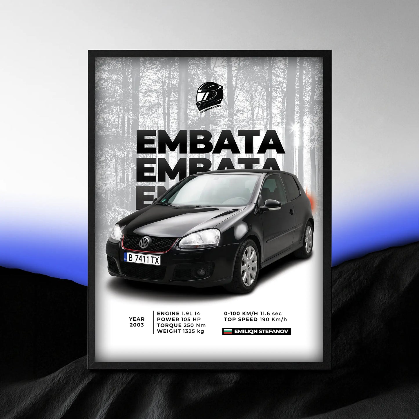 Стилен подарък за кола - персонализиран автопостер на VW Golf 5